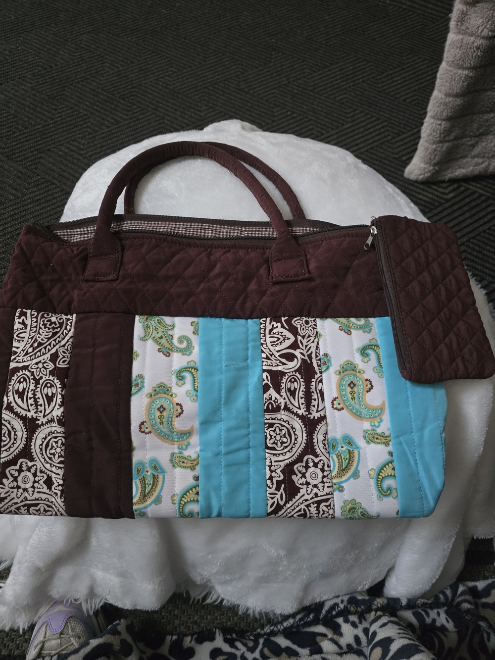 Quilted Travel Tote Bag in Brown and Turquoise